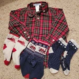 Janie and Jack Tartan Plaid Button Down Boys 18 to 24 mo and 3 pair socks lot